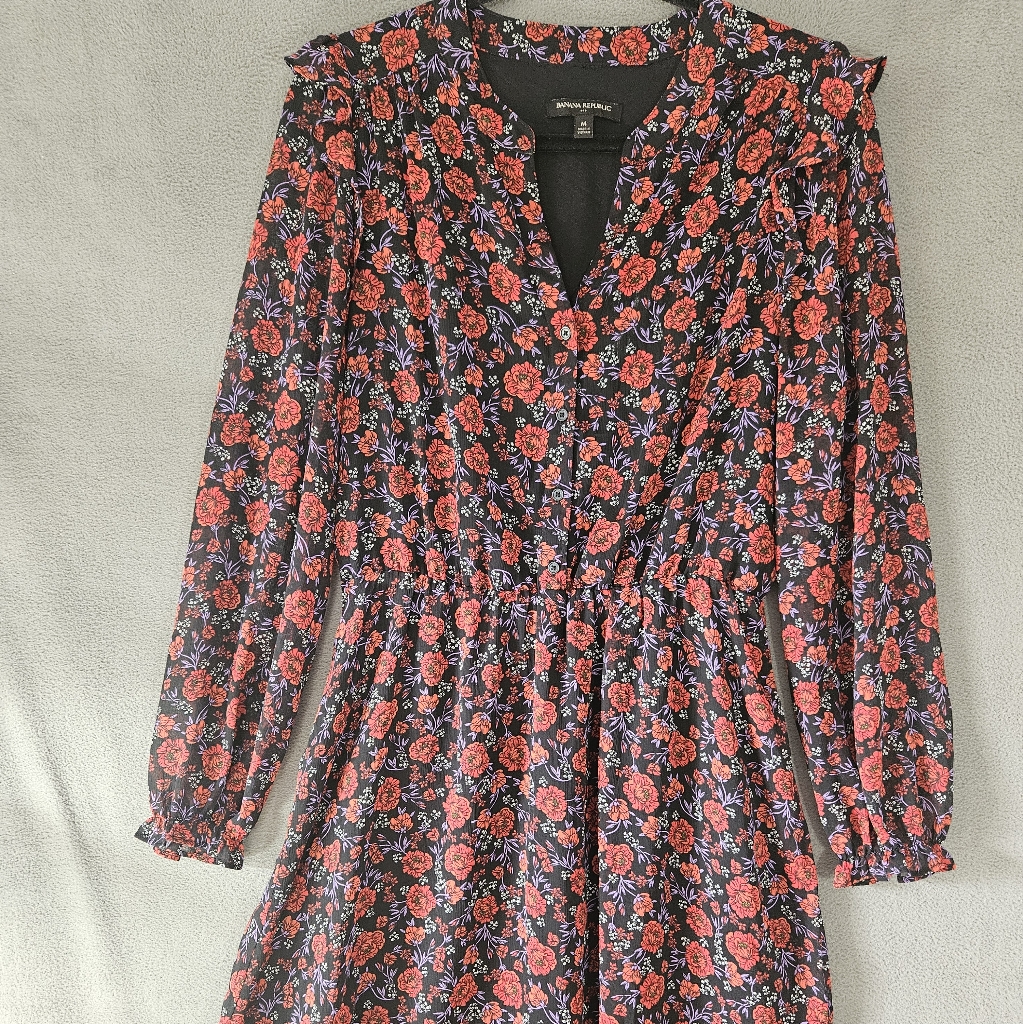 Banana Republic Womens Medium Midi Dress Vneck Long Sleeve Coquette Red Rose